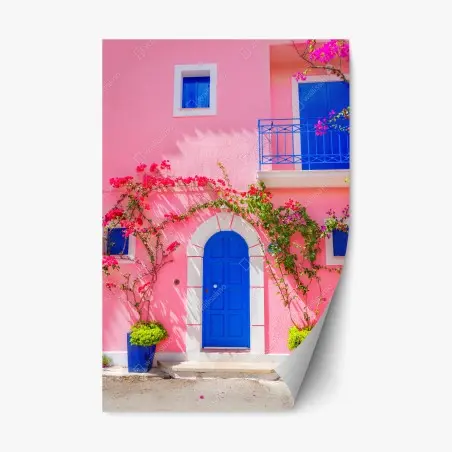 Sticker repositionnable porte bleue sur façade rose aux bougainvilliers – Wallnifity®