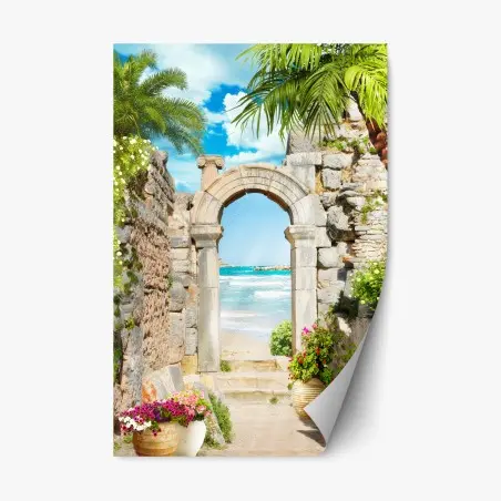 Sticker repositionnable arche antique donnant sur la mer turquoise – Wallnifity®