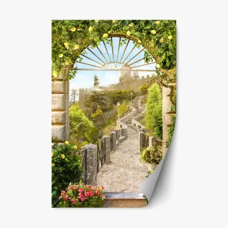 Sticker repositionnable chemin pavé fleuri vers un château – Wallnifity®