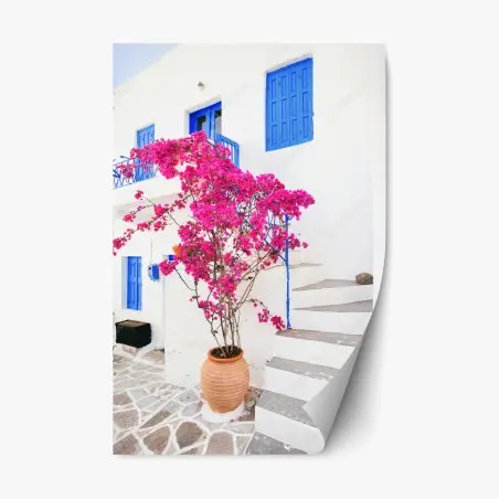 Sticker repositionnable éclat méditerranéen : bougainvillier sur façade blanche – Wallnifity®