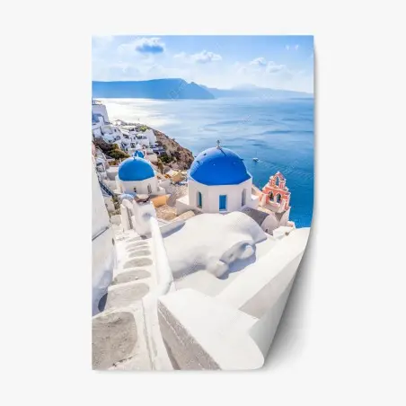 Sticker repositionnable paysage côtier de Santorin aux dômes bleus – Wallnifity®