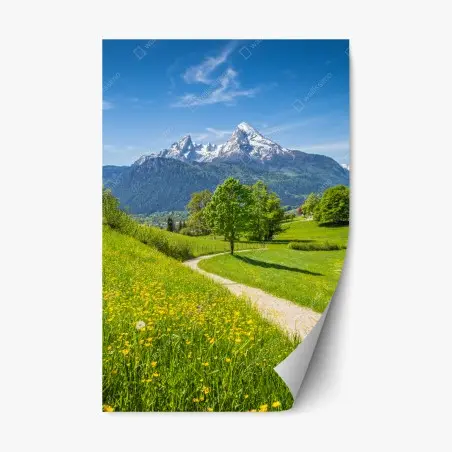 Sticker repositionnable chemin pittoresque vers les montagnes enneigées – Wallnifity®