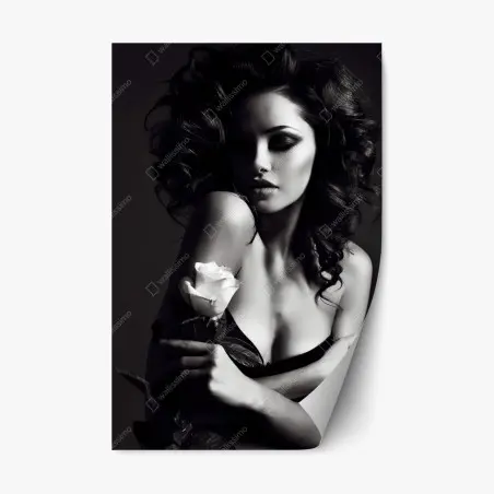 Sticker repositionnable portrait glamour en noir et blanc avec rose – Wallnifity®
