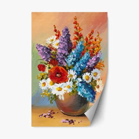 Sticker repositionnable bouquet champêtre aux couleurs vives sur fond pastel – Wallnifity®