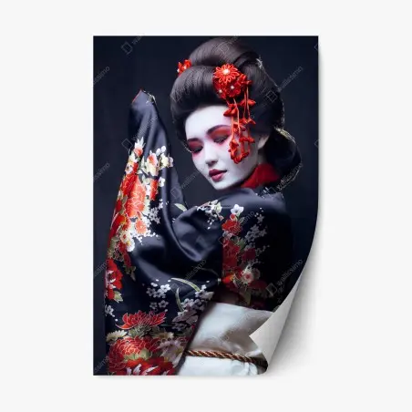 Sticker repositionnable portrait de geisha au kimono floral – Wallnifity®