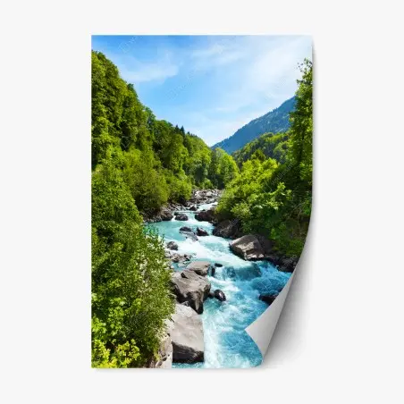 Sticker repositionnable rivière turquoise dans une vallée verdoyante – Wallnifity®