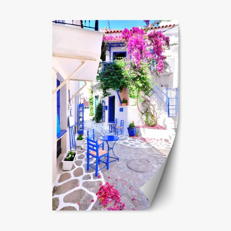 Sticker repositionnable ruelle grecque aux bougainvilliers – Wallnifity®