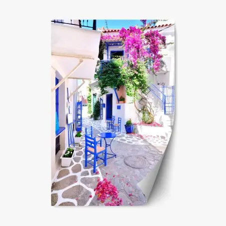 Sticker repositionnable ruelle grecque aux bougainvilliers – Wallnifity®