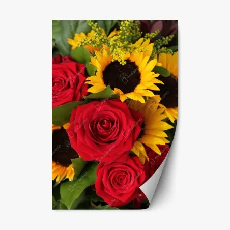 Sticker repositionnable bouquet de roses rouges et tournesols éclatants – Wallnifity®