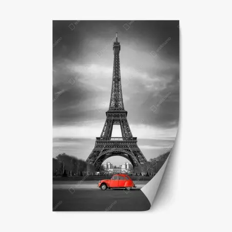 Sticker repositionnable voiture rouge devant la Tour Eiffel – Wallnifity®