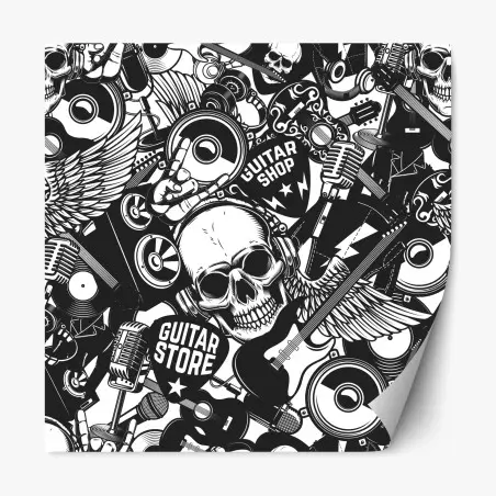 Sticker repositionnable motif rock'n'roll monochrome avec crâne et guitares – Wallnifity®