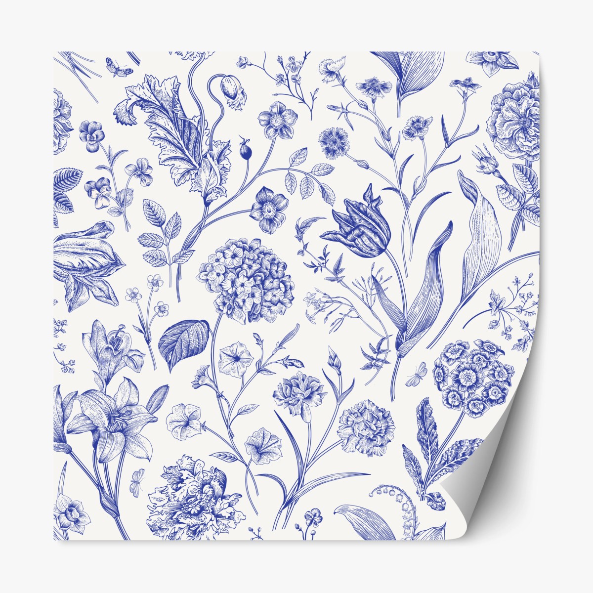 Sticker repositionnable motif floral toile de jouy bleu classique – Wallnifity®