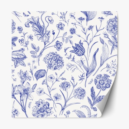 Sticker repositionnable motif floral toile de jouy bleu classique – Wallnifity®