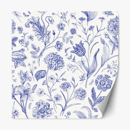 Sticker repositionnable motif floral toile de jouy bleu classique – Wallnifity®