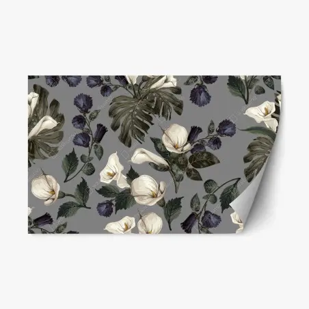 Sticker repositionnable motif floral élégant aux arums et monstera sur fond gris – Wallnifity®