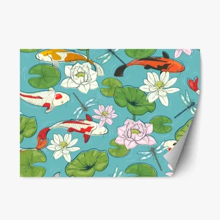 Sticker repositionnable scène zen de carpes koi et nénuphars – Wallnifity®