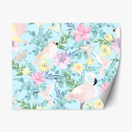 Sticker repositionnable jungle pastel au flamant rose et aux colibris – Wallnifity®