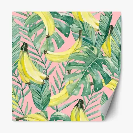 Sticker repositionnable motif tropical bananes et feuilles aquarelle sur fond rose – Wallnifity®