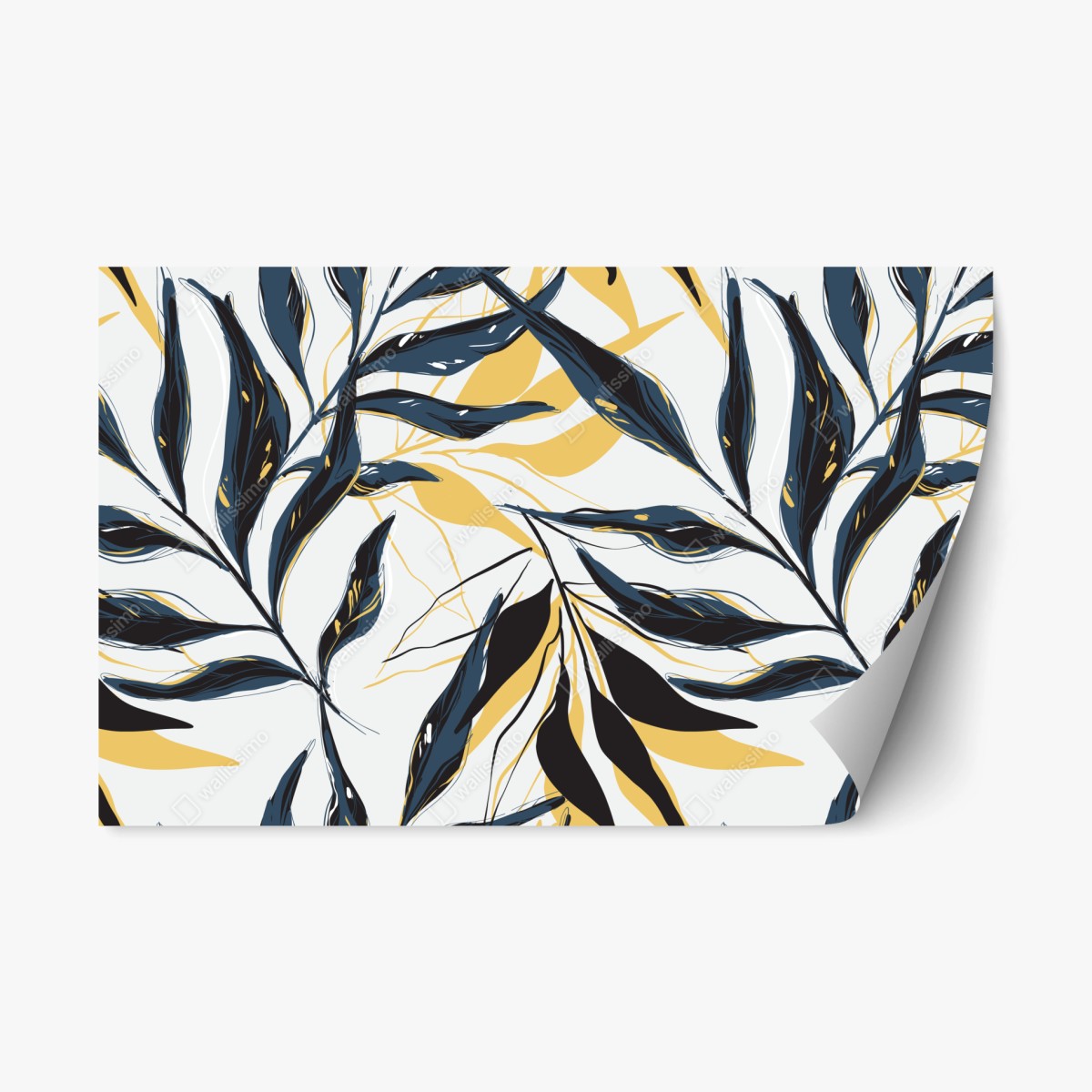 Sticker repositionnable feuillage stylisé bleu marine et jaune moutarde – Wallnifity®
