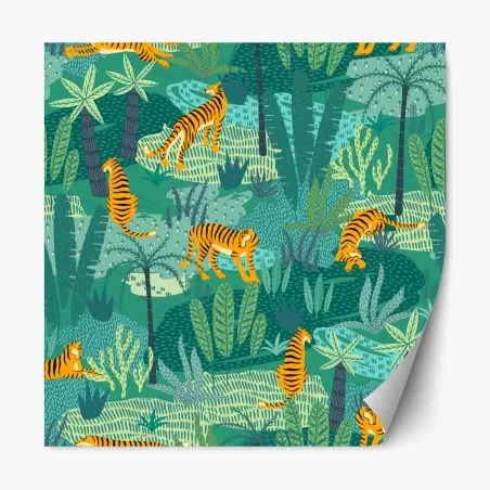 Sticker repositionnable scène de jungle aux tigres stylisés – Wallnifity®