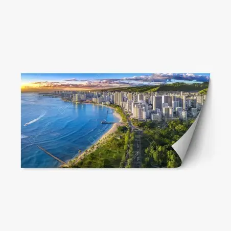 Sticker repositionnable paysage côtier urbain de Waikiki au coucher du soleil – Wallnifity®