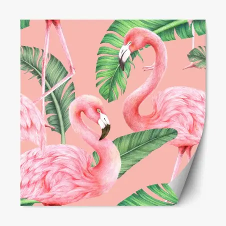 Sticker repositionnable motif flamants roses et feuilles tropicales – Wallnifity®