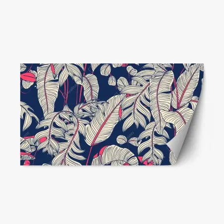 Sticker repositionnable feuillage tropical graphique bleu nuit et corail – Wallnifity®