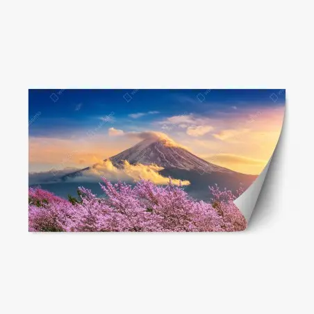 Sticker repositionnable lever du soleil sur le Mont Fuji et cerisiers en fleurs – Wallnifity®