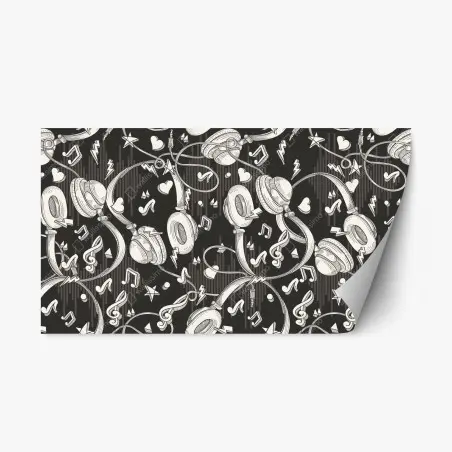 Sticker repositionnable motif casque audio et notes de musique en monochrome – Wallnifity®