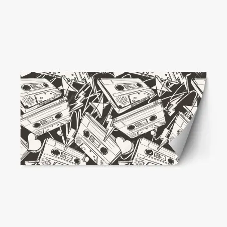 Sticker repositionnable ambiance rétro cassettes et croquis noir et blanc – Wallnifity®