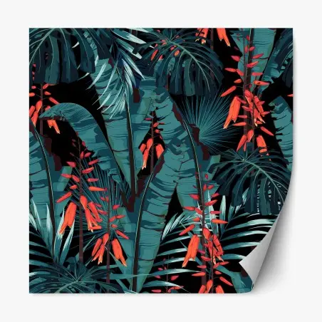 Sticker repositionnable jungle tropicale nocturne aux fleurs rouges – Wallnifity®