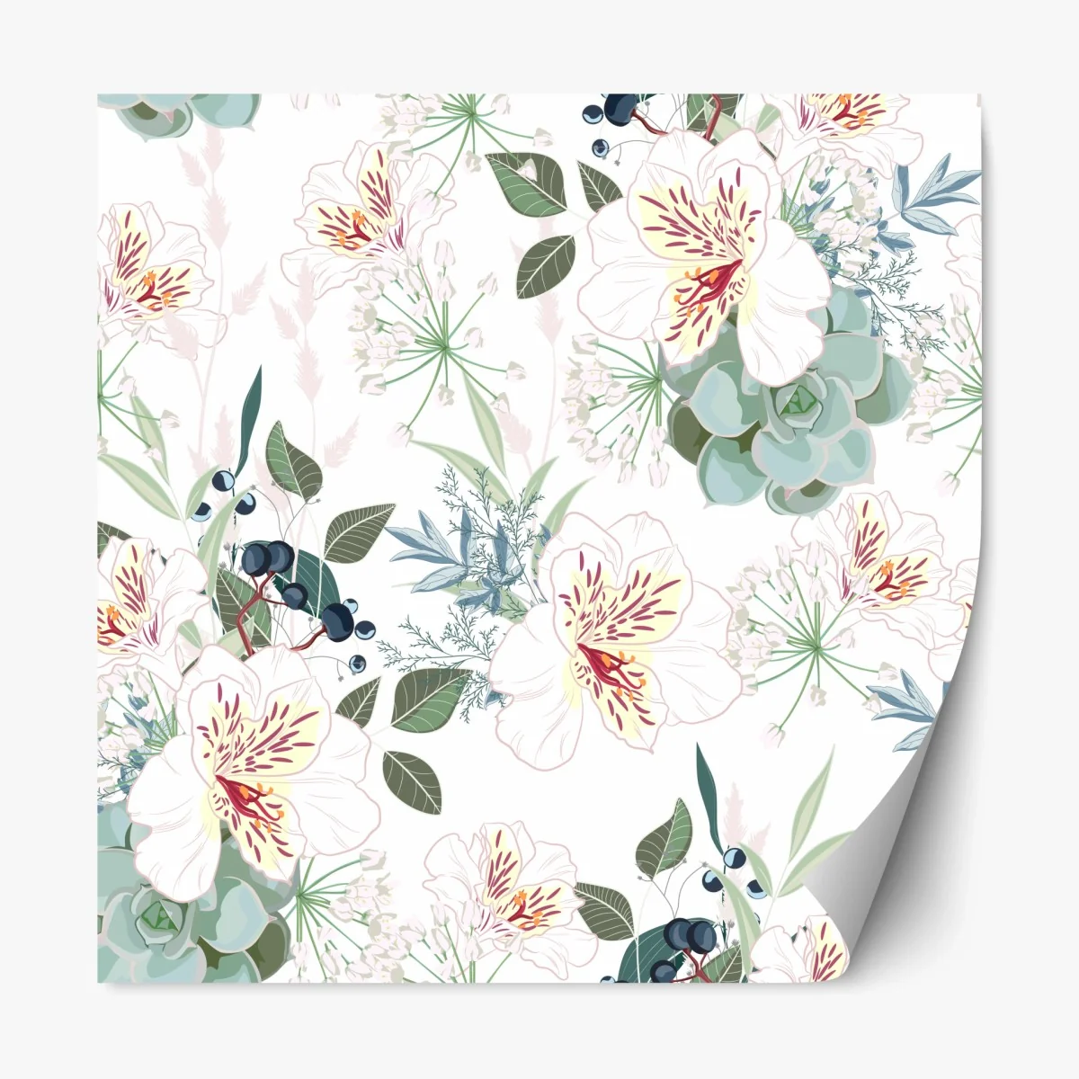 Sticker repositionnable motif floral pastel aux succulentes et fleurs blanches – Wallnifity® Sticker repositionnable motif floral pastel aux succulentes et fleurs blanches – Wallnifity®