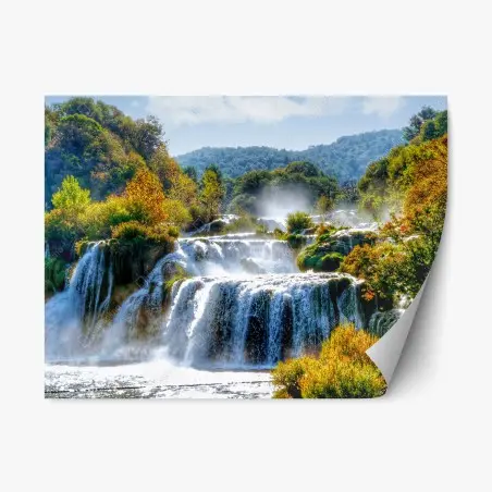 Sticker repositionnable cascade en forêt aux teintes automnales – Wallnifity®