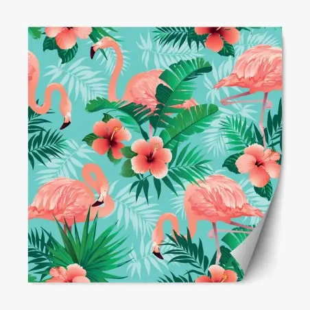 Sticker repositionnable ambiance tropicale aux flamants roses et hibiscus – Wallnifity®