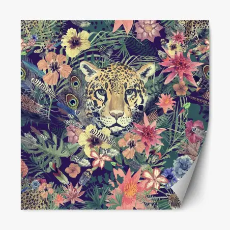 Sticker repositionnable tête de léopard aquarelle dans une jungle florale – Wallnifity®