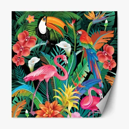 Sticker repositionnable jungle tropicale aux oiseaux colorés – Wallnifity®