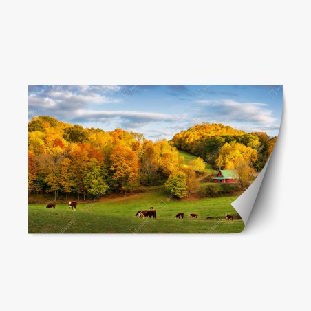 Sticker repositionnable paysage d'automne avec vaches et grange rouge – Wallnifity®