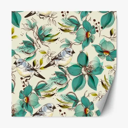 Sticker repositionnable fleurs et oiseaux rétro en turquoise – Wallnifity®