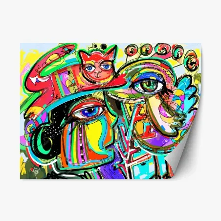 Sticker repositionnable rencontre colorée: visage, oiseau et chat rouge – Wallnifity®