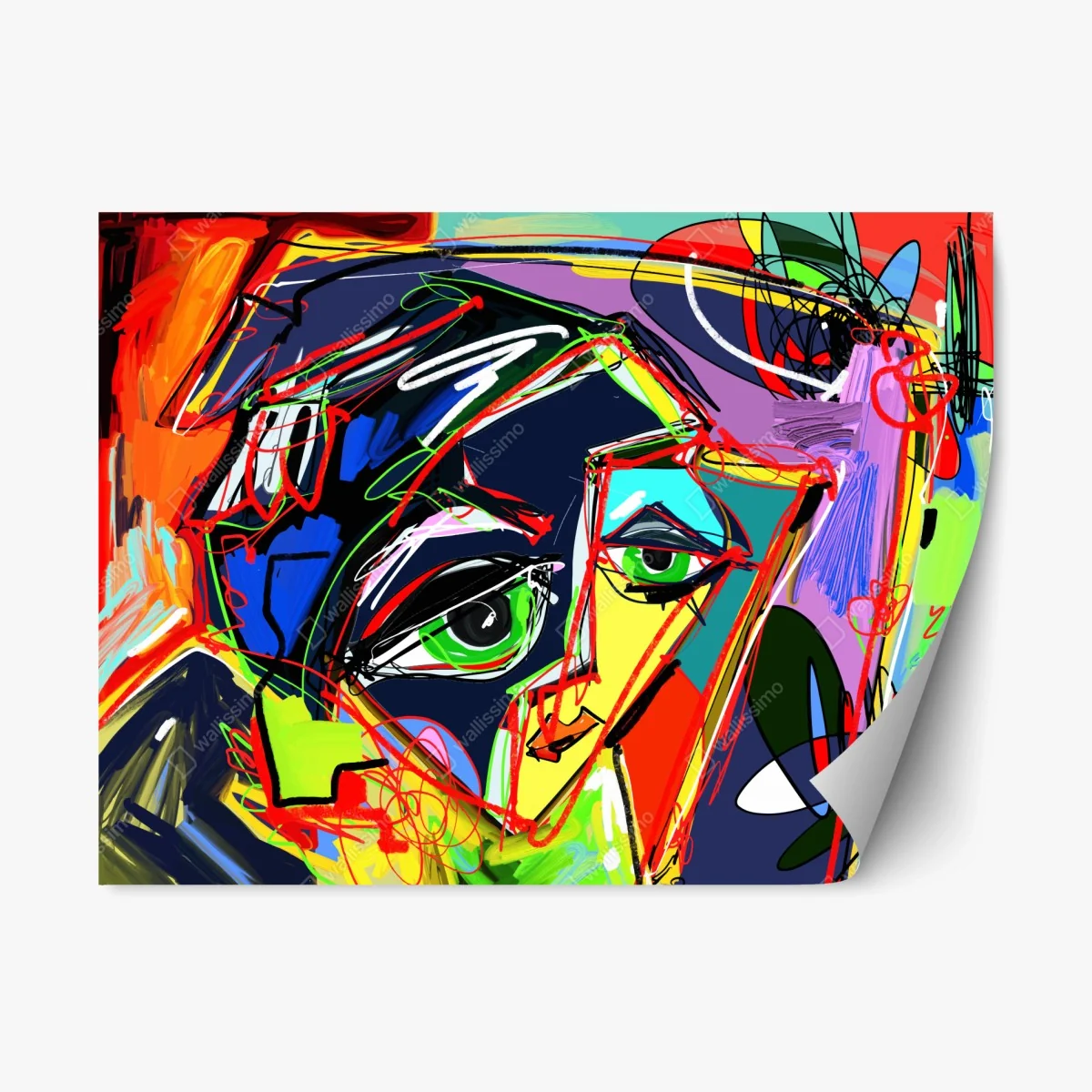 Sticker repositionnable portrait abstrait aux couleurs vives et lignes dynamiques – Wallnifity® Sticker repositionnable portrait abstrait aux couleurs vives et lignes dynamiques – Wallnifity®