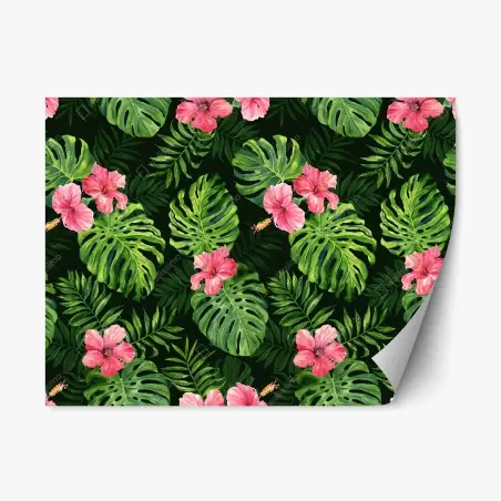Sticker repositionnable motif tropical feuilles de monstera et hibiscus roses – Wallnifity®