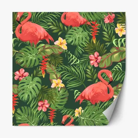 Sticker repositionnable motif tropical aux flamants roses et feuillages – Wallnifity®