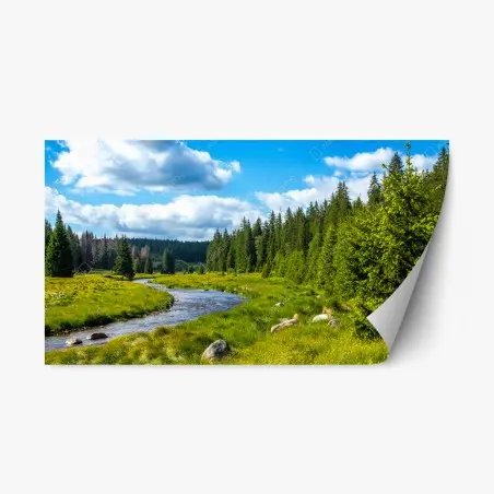 Sticker repositionnable rivière serpentant dans une forêt verdoyante – Wallnifity®