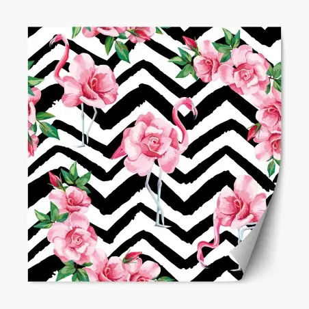Sticker repositionnable motif tropical flamants et roses sur fond chevron – Wallnifity®
