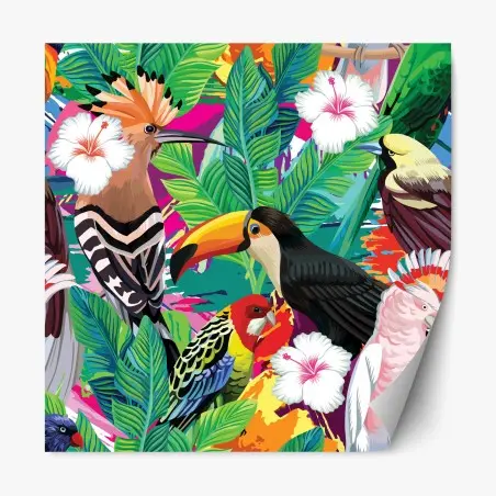Sticker repositionnable paradis tropical d'oiseaux exotiques et fleurs – Wallnifity®