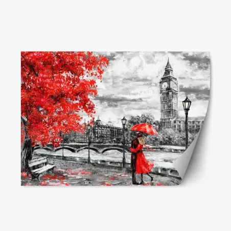 Sticker repositionnable promenade romantique sous la pluie à Londres devant Big Ben – Wallnifity®