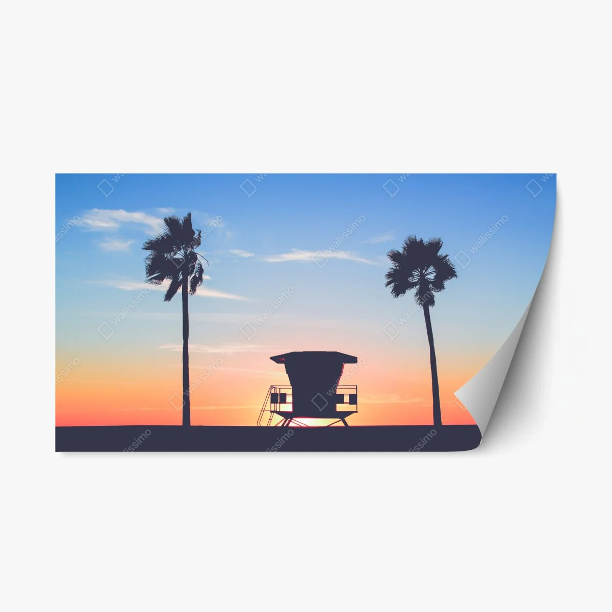 Sticker repositionnable coucher de soleil sur la plage avec cabine de sauveteur – Wallnifity® Sticker repositionnable coucher de soleil sur la plage avec cabine de sauveteur – Wallnifity®