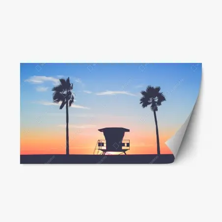 Sticker repositionnable coucher de soleil sur la plage avec cabine de sauveteur – Wallnifity®