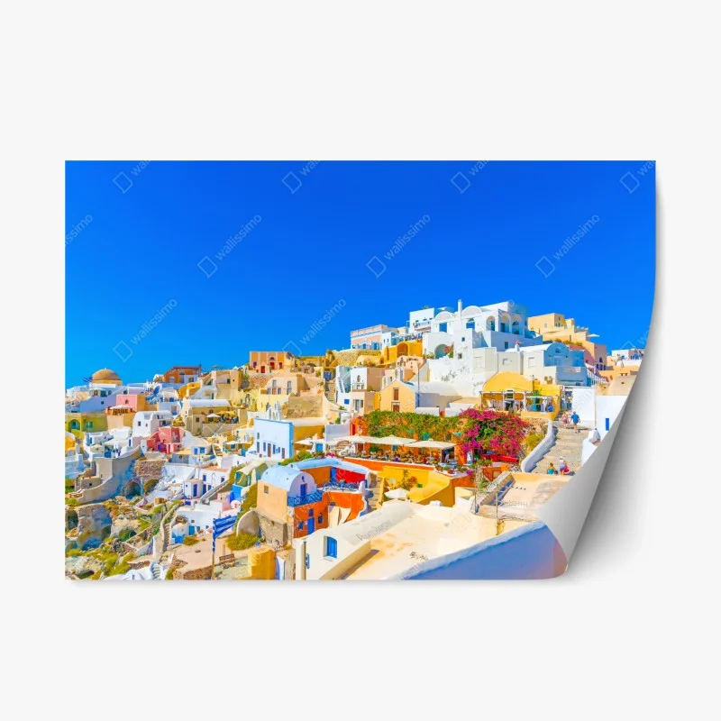 Sticker repositionnable panorama coloré d'Oia à Santorin – Wallnifity®