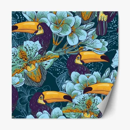 Sticker repositionnable paradis tropical aux toucans et fleurs exotiques – Wallnifity®
